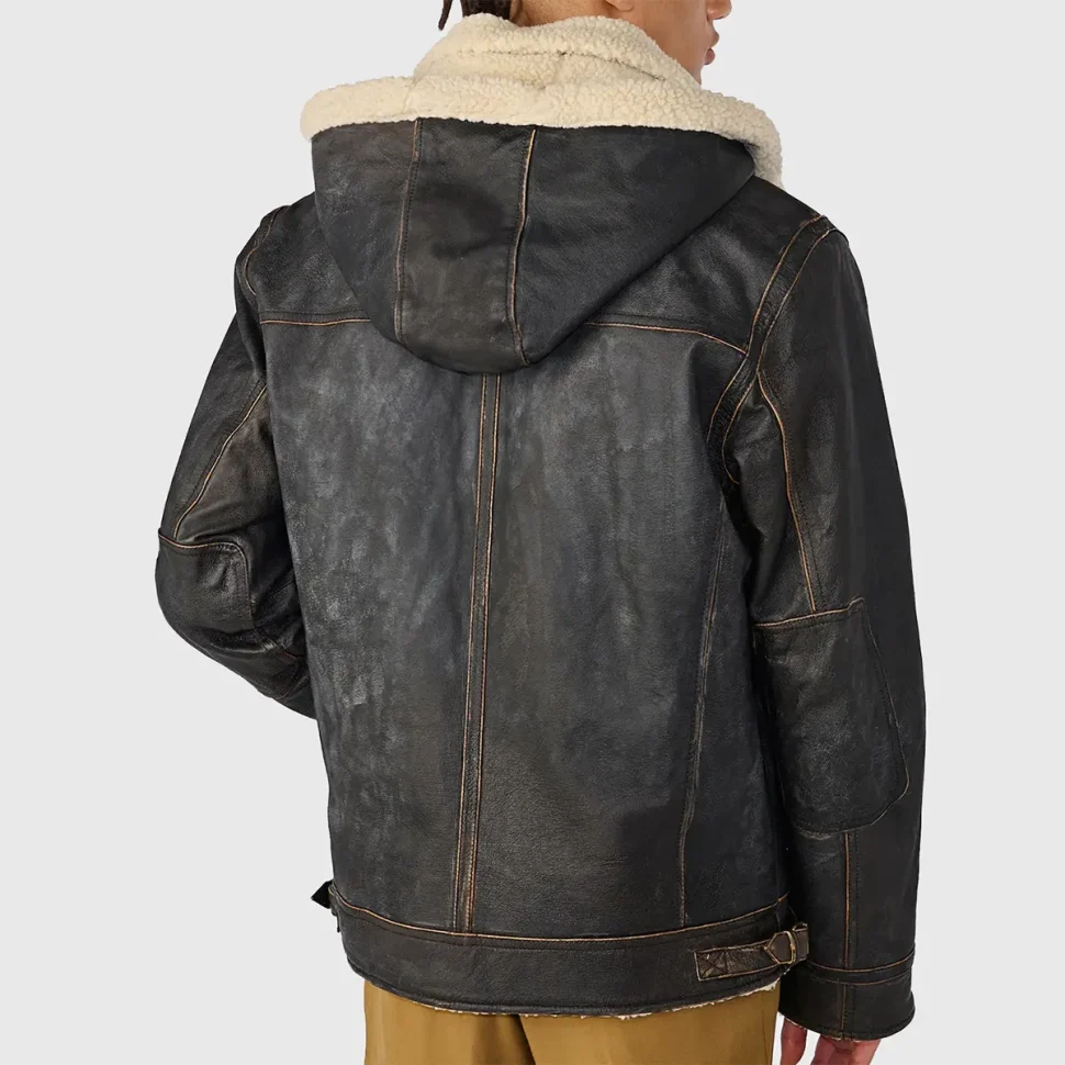 Model back view of Mens Distressed Dark Brown Leather Hooded Shearling Jacket