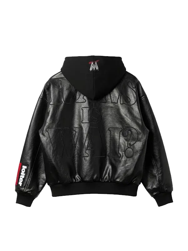 Liv Morgan WWE Leather Hooded Bomber Jacket back view showing embossed text and hood embroidery
