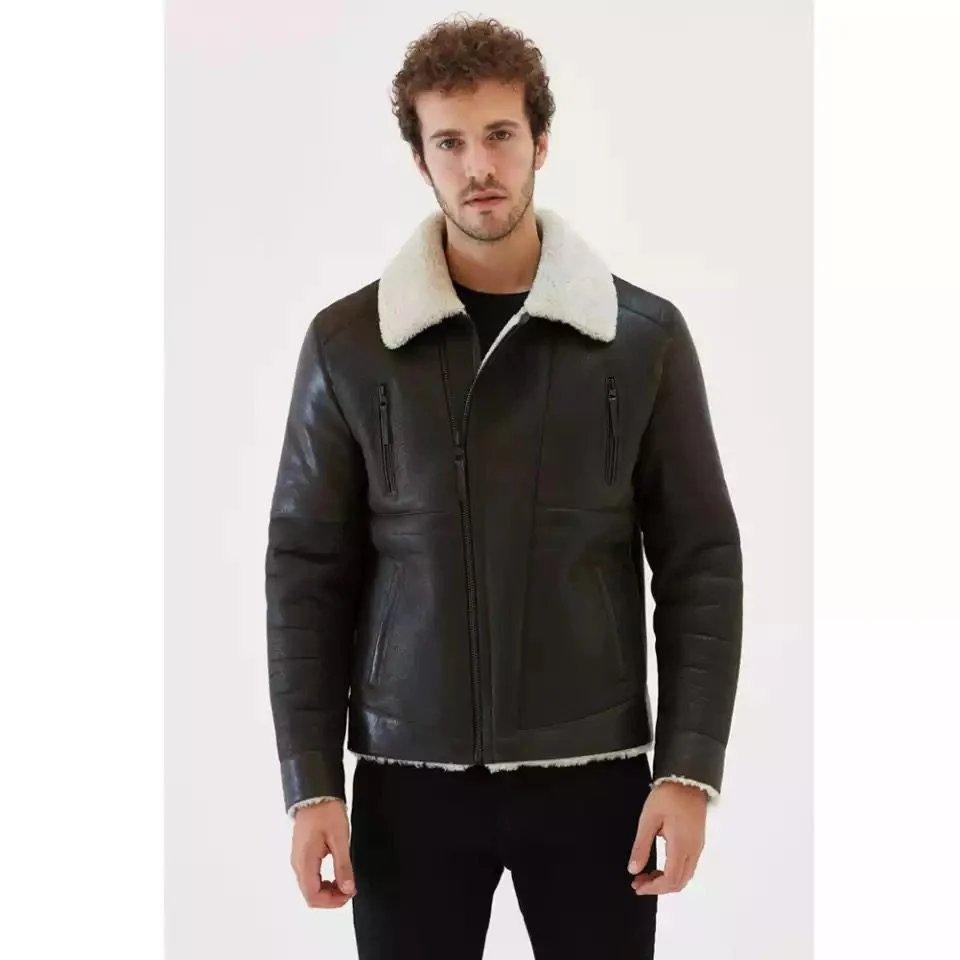 Model wearing Mens Dark Brown Leather Off White Shearling Flight Jacket on white background
