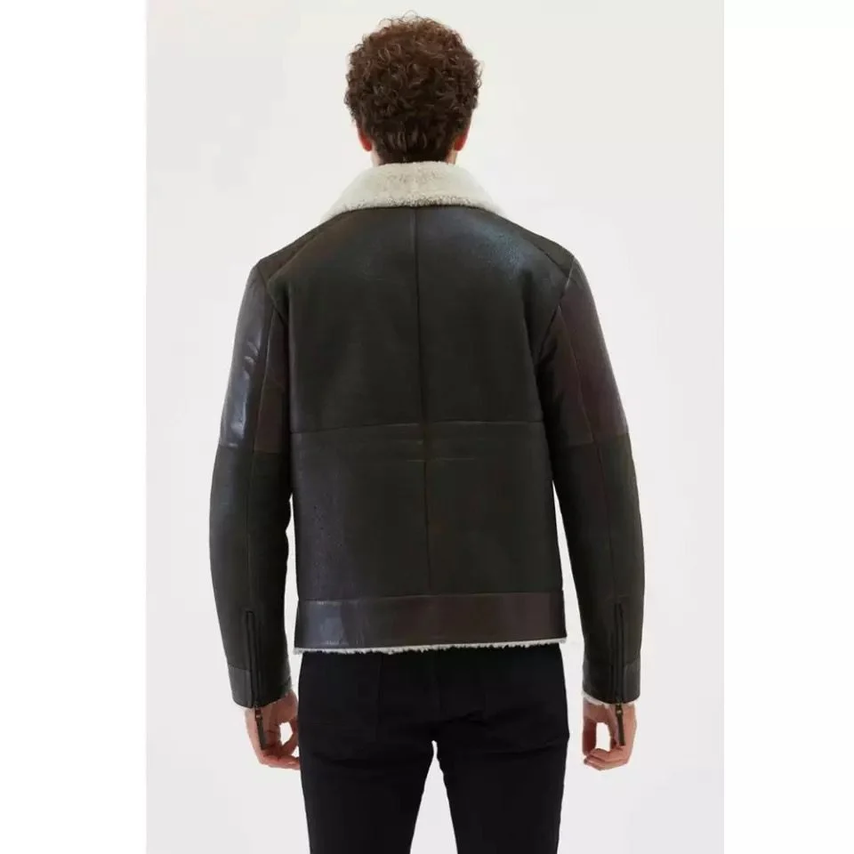 Model back view of Mens Dark Brown Leather Off White Shearling Flight Jacket