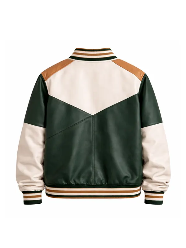 Green and White Leather Bomber Jacket back view showing chevron color paneling