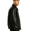 Side profile view of Men Black Classic Shirt Collar Leather Jacket showing sleeve structure