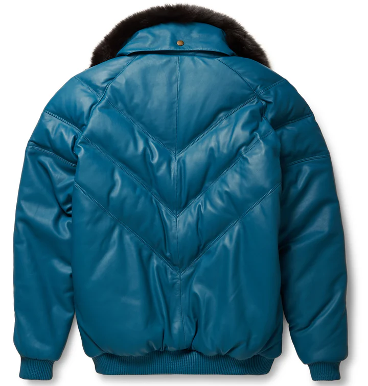 Men's Blue V Bomber Shearling Aviator Leather Bubble Jacket - Image 2