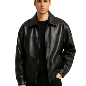 Studio front view of Men Black Classic Shirt Collar Leather Jacket open over black t-shirt