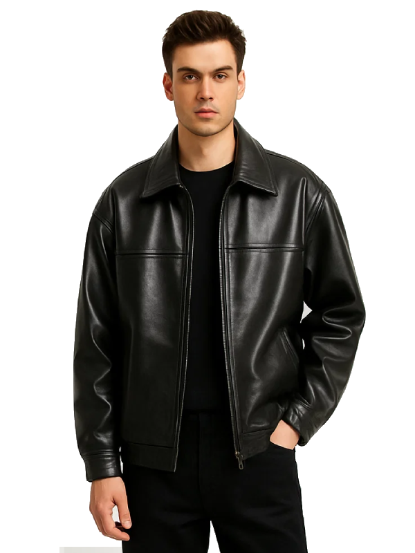 Studio front view of Men Black Classic Shirt Collar Leather Jacket open over black t-shirt