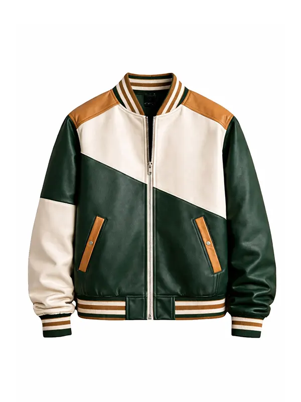Green and White Leather Bomber Jacket front view showing diagonal color blocking and striped collar