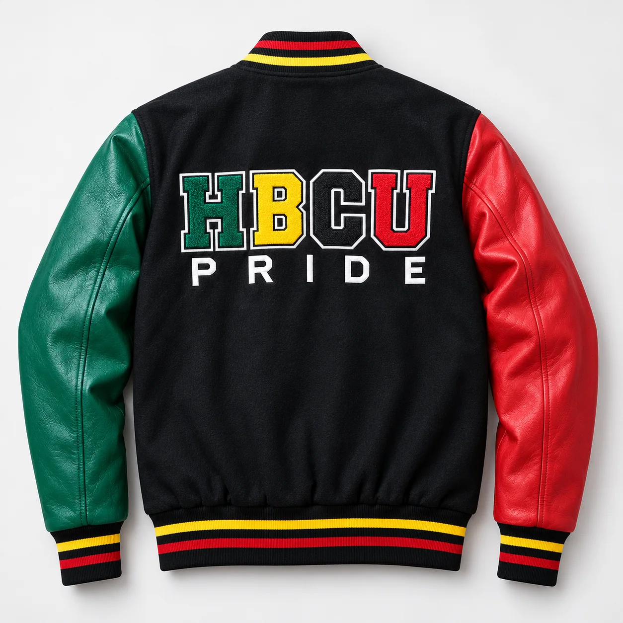 Back view of the HBCU pride varsity jacket featuring multi-colored chenille HBCU PRIDE embroidery on a black wool back panel