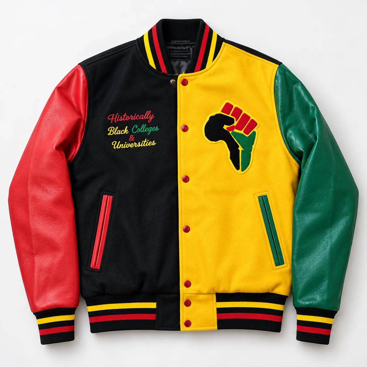 Front view of the Men’s HBCU Pride Varsity Jacket in red, green, and gold featuring split wool body, script chest text, and Pan-African fist patch. Men’s HBCU Pride Varsity Jacket – Red