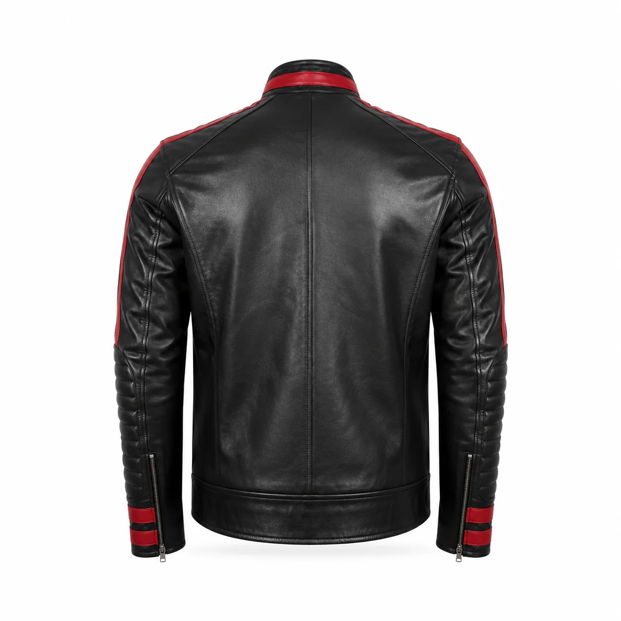 Back view of the black and red café racer leather jacket showcasing red shoulder stripes, clean central back paneling, and quilted forearm sleeves