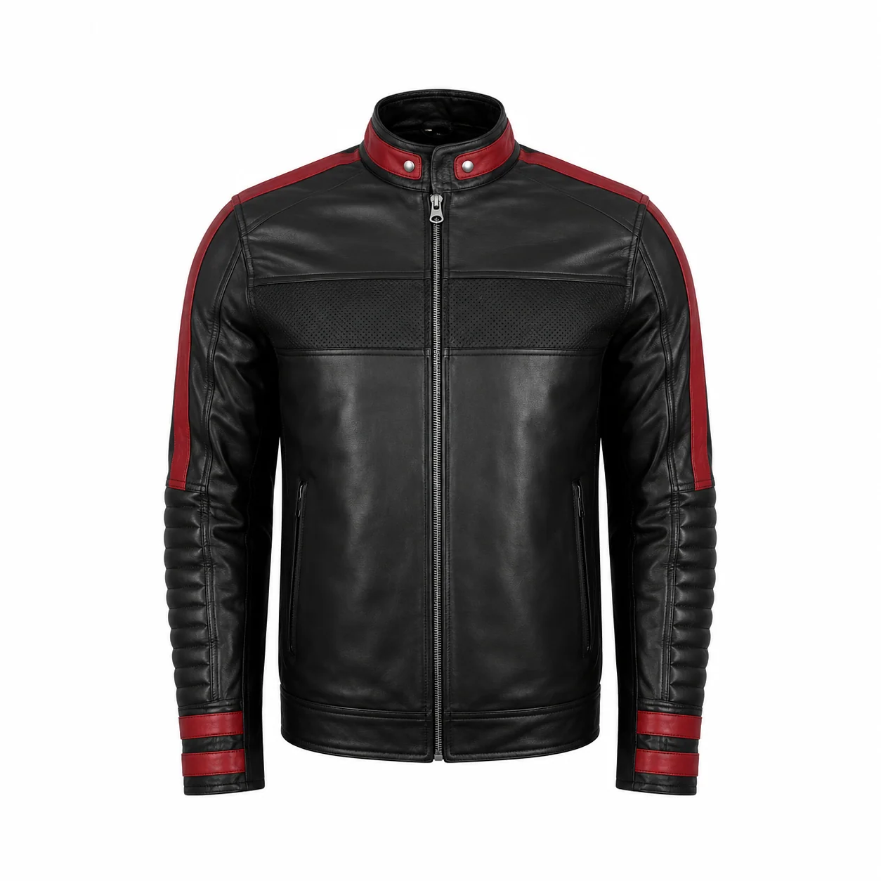 Front view of the black and red café racer leather jacket featuring red shoulder stripes, perforated chest panel, snap collar, and quilted sleeves. Men’s Red & Black Cafe Racer Leather Jacket