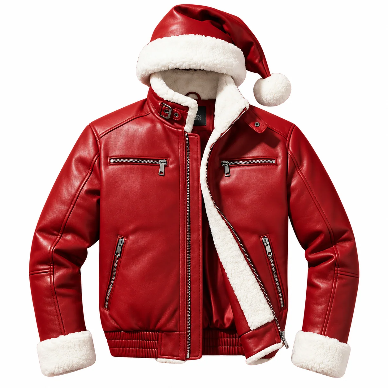 Front view of the red faux leather Santa jacket featuring white shearling lapels, zip pockets, collar buckle, and an attached Santa hat hood with a pom-pom. Men’s Red Faux Leather Santa Jacket – Christmas Edition
