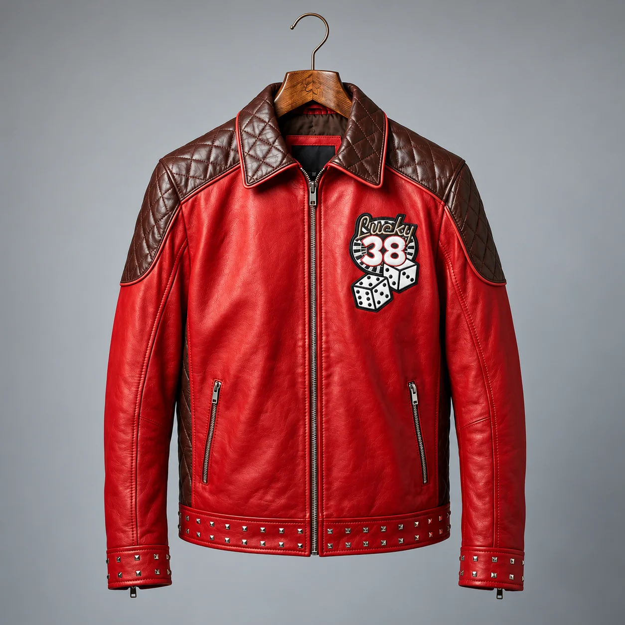 Front view of the red leather biker jacket with dark brown quilted collar and shoulders, front zip, Lucky 38 chest patch, and studded hem. Men’s Red Lucky 38 Leather Biker Jacket