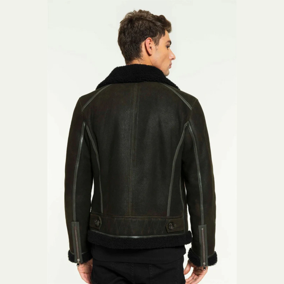 Men's Dark Green Shearling Aviator Leather Jacket - Image 2