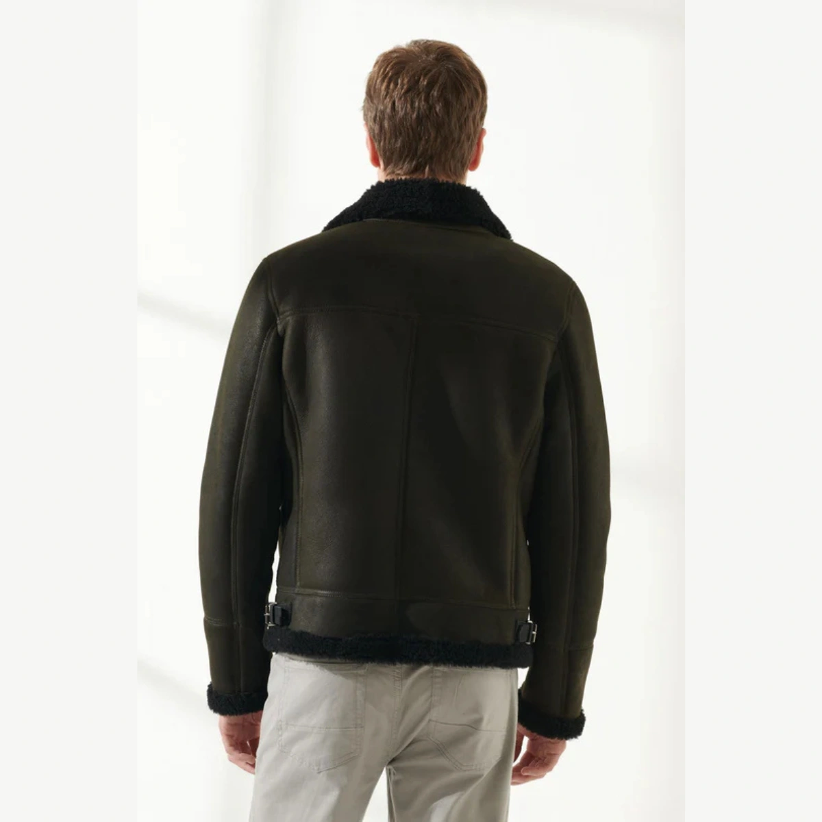 Men's Shearling Aviator Dark Green Leather Jacket - Image 2