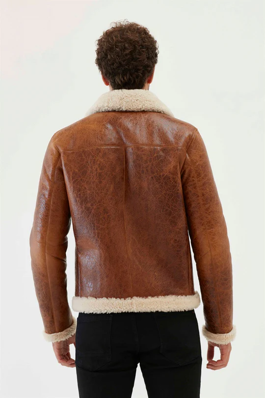 Men's Shearling Aviator Real Leather Brown Casual Jacket - Image 2