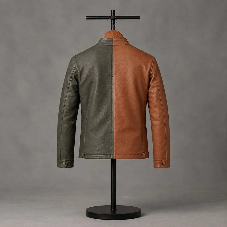 Back view of the two-tone leather jacket showcasing a clean vertical split between dark olive green and warm brown leather panels on a clothing stand