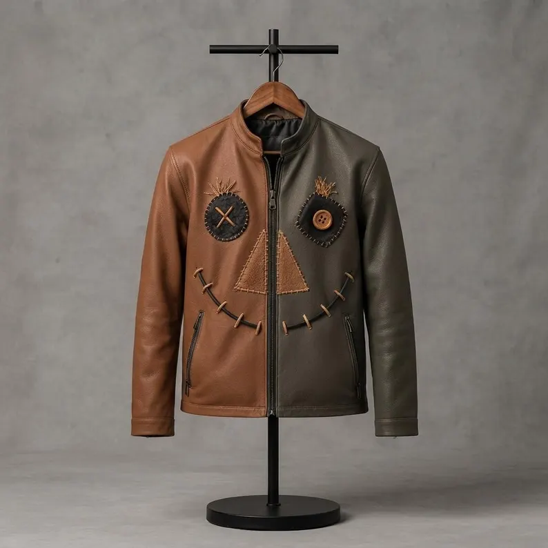 Front view of the split two-tone brown and olive green leather jacket featuring a stitched scarecrow face motif, stand collar, and front zip. Men’s Two-Tone Brown & Olive Green Leather Jacket