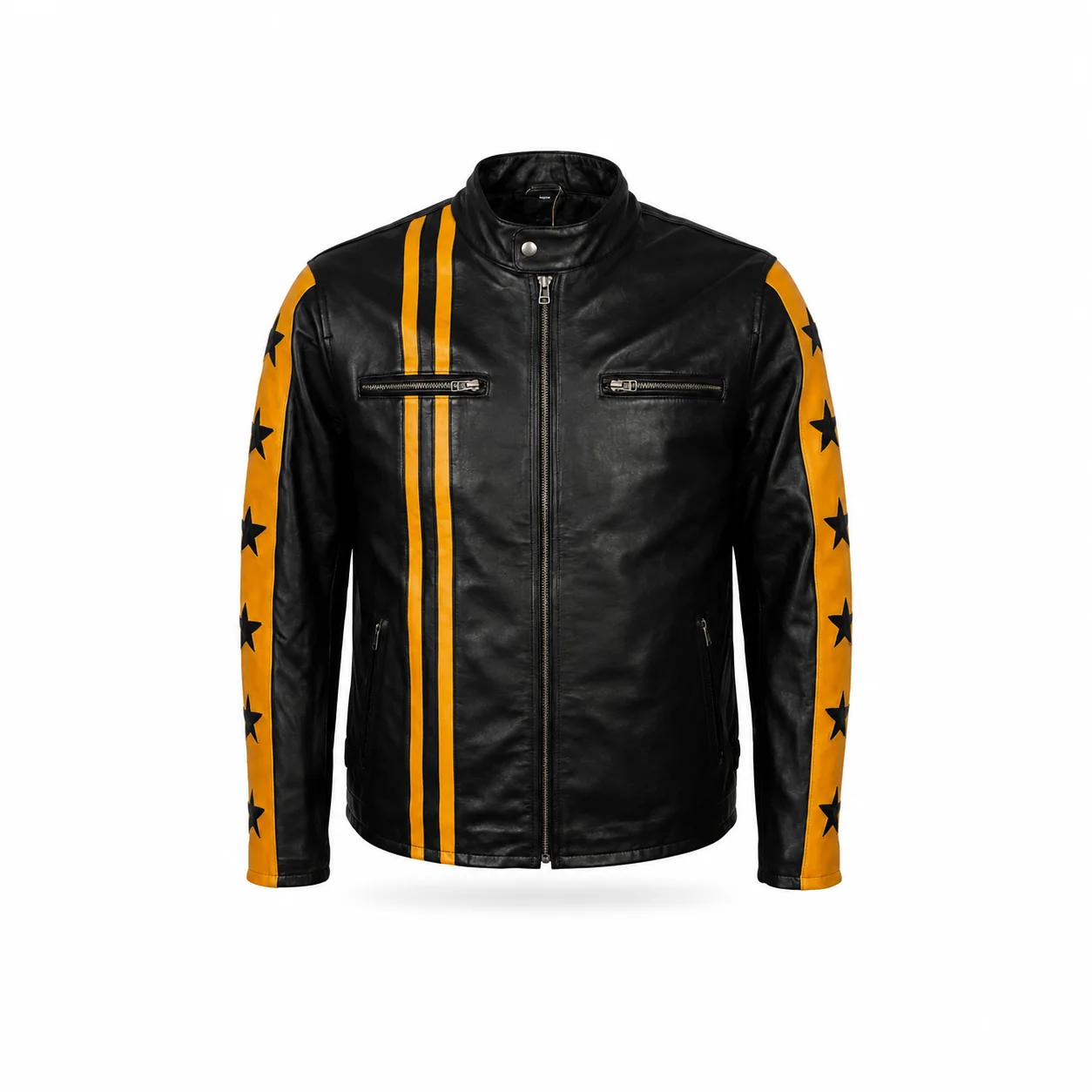 Front view of the black leather biker jacket featuring dual yellow vertical chest stripes, yellow sleeve stripes with black stars, zip pockets, and snap collar. Men’s Yellow Star Black Leather Jacket