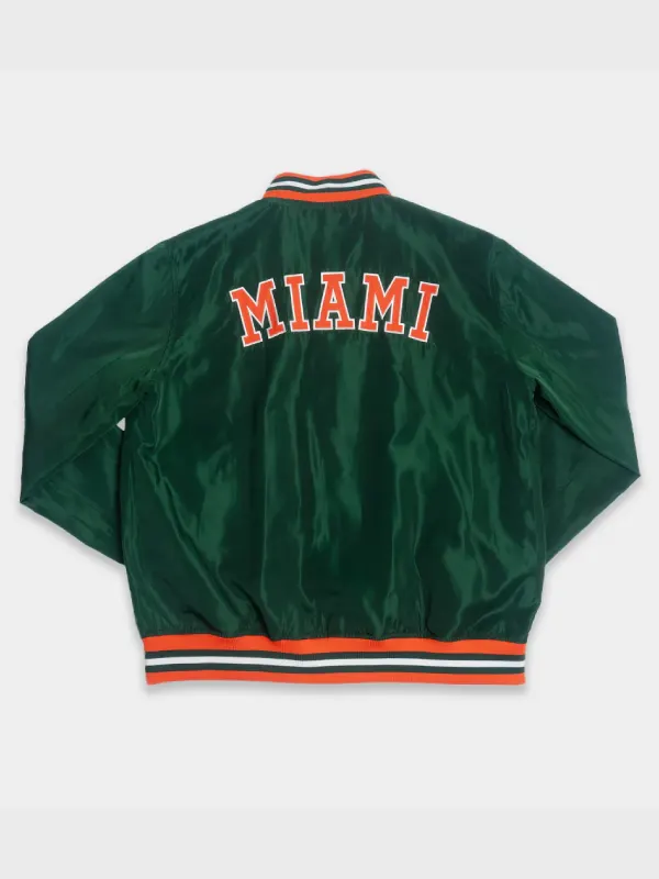 Miami Hurricanes Retro Sebastian Satin Bomber Jacket Green - Image 2