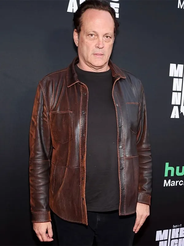 Full front view of Vince Vaughn modeling the brown leather jacket for Mike and Nick and Nick and Alice Vince Vaughn Leather Jacket
