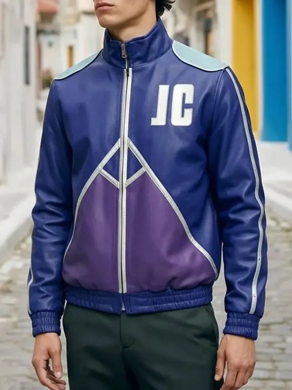 Front view of the blue leather jacket with JC lettering and purple front paneling . Mortal Kombat II Karl Urban Blue Leather Jacket