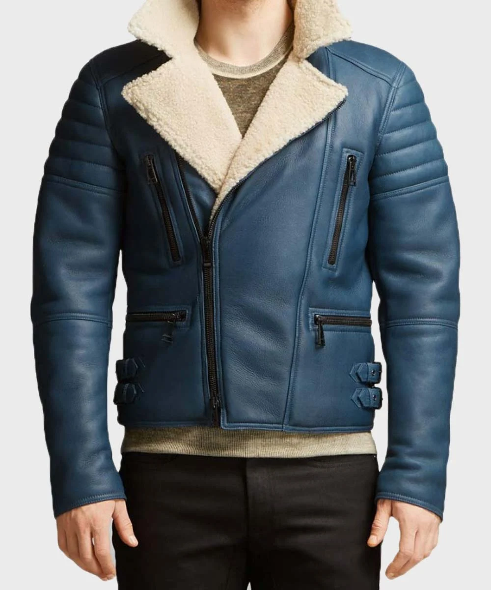 Front view of model wearing Mens Teal Blue Leather Cream Shearling Biker Aviator Jacket