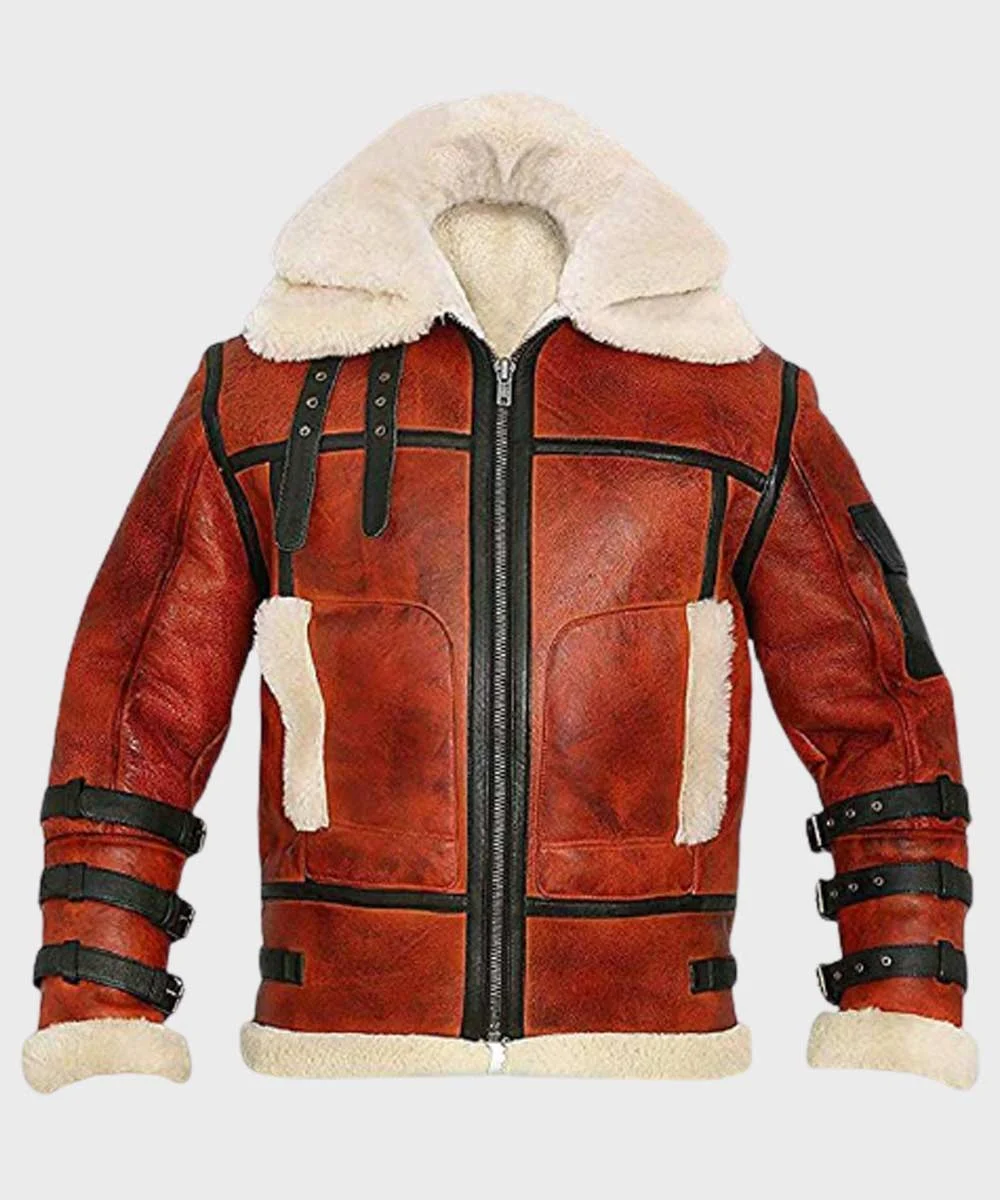 Flat lay front view of Mens Resident Evil 4 Leon Kennedy Rust Brown Shearling Leather Jacket