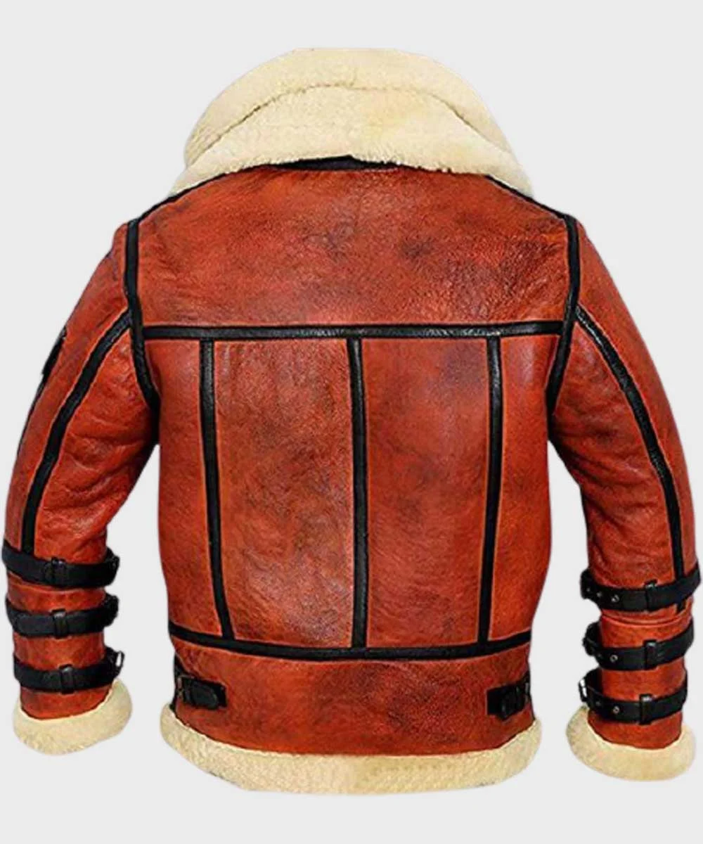 Flat lay back view of Mens Resident Evil 4 Leon Kennedy Rust Brown Shearling Leather Jacket