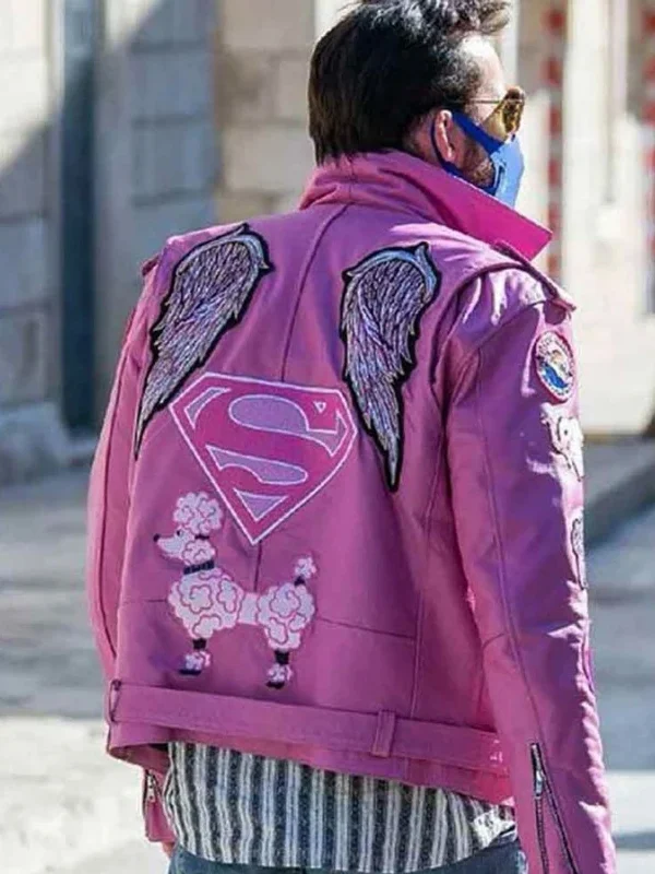 Nicolas Cage Pink Leather Biker Jacket with Superman & Angel Wing Patches - Image 2
