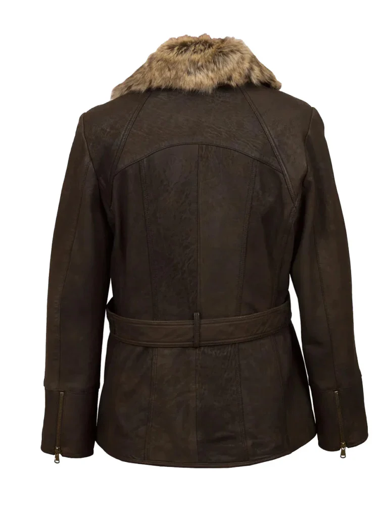 Back view of Womens Dark Brown Belted Leather Fur Collar Safari Jacket