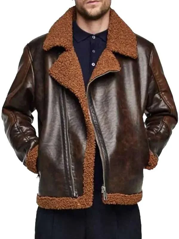 Model wearing Mens Dark Brown Distressed Leather Cognac Shearling Aviator Jacket