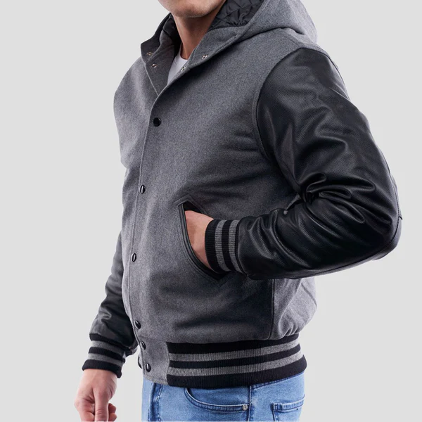 Oxford Grey and Black Hooded Wool Varsity Jacket with Leather Sleeves - Image 2