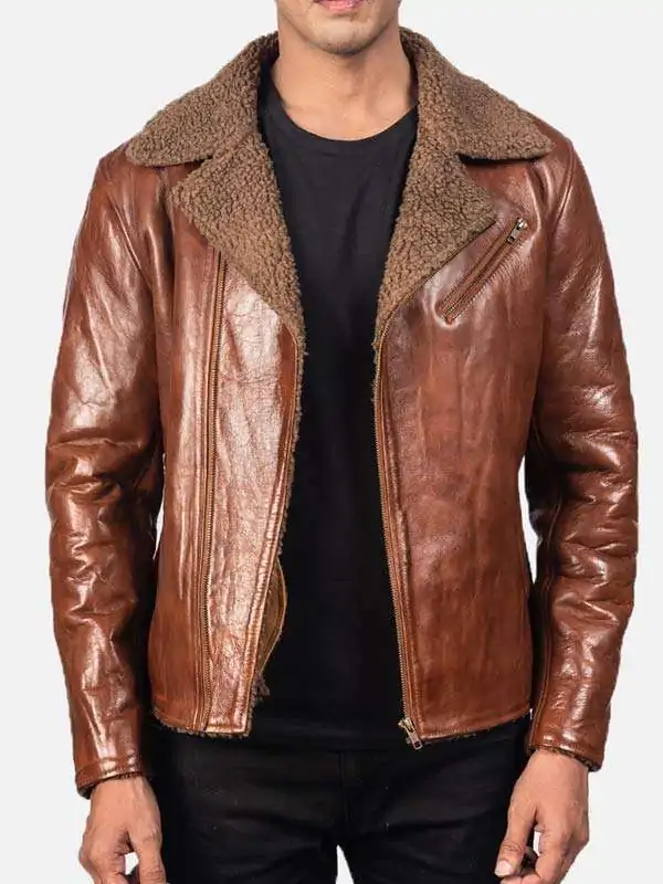 Model wearing Mens Cognac Brown Distressed Leather Teddy Shearling Biker Jacket