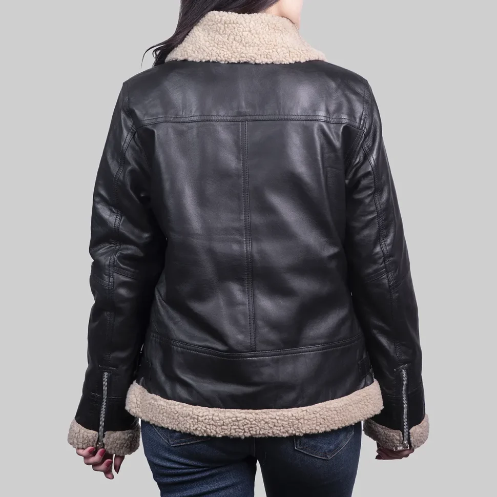 Model back view of Womens Black Leather Beige Shearling Aviator Flight Jacket