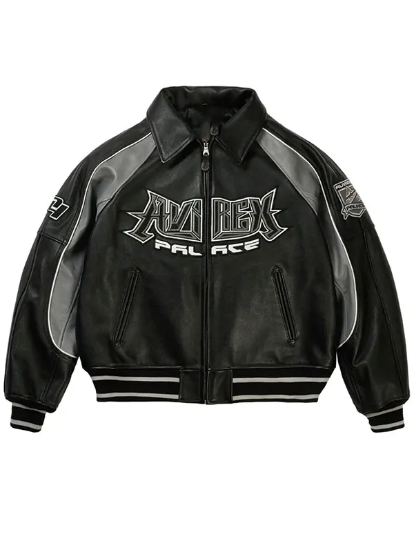 Palace x Avirex Black Leather Bomber Jacket front view showing chest patch branding and pointed collar