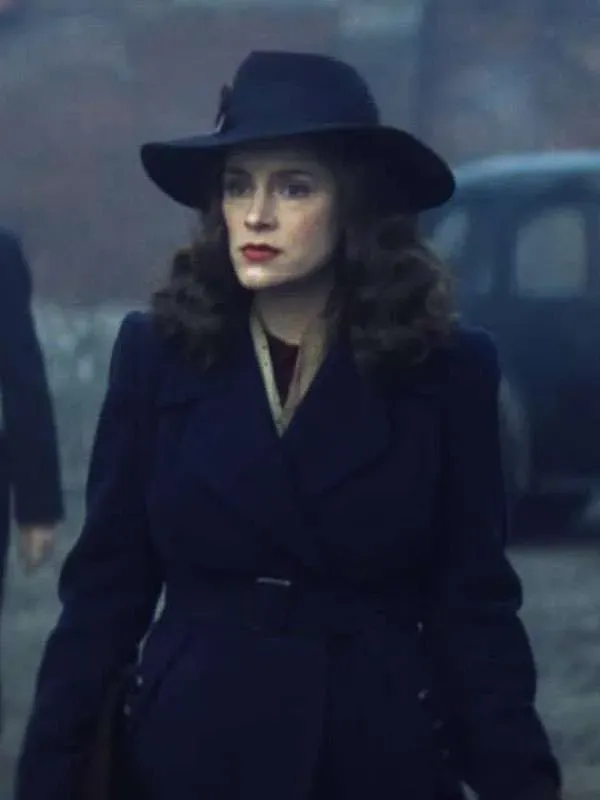 Front view of Sophie Rundle as Ada Shelby wearing the blue wool coat in Peaky Blinders The Immortal Man. Peaky Blinders The Immortal Man Sophie Rundle Blue Wool Coat