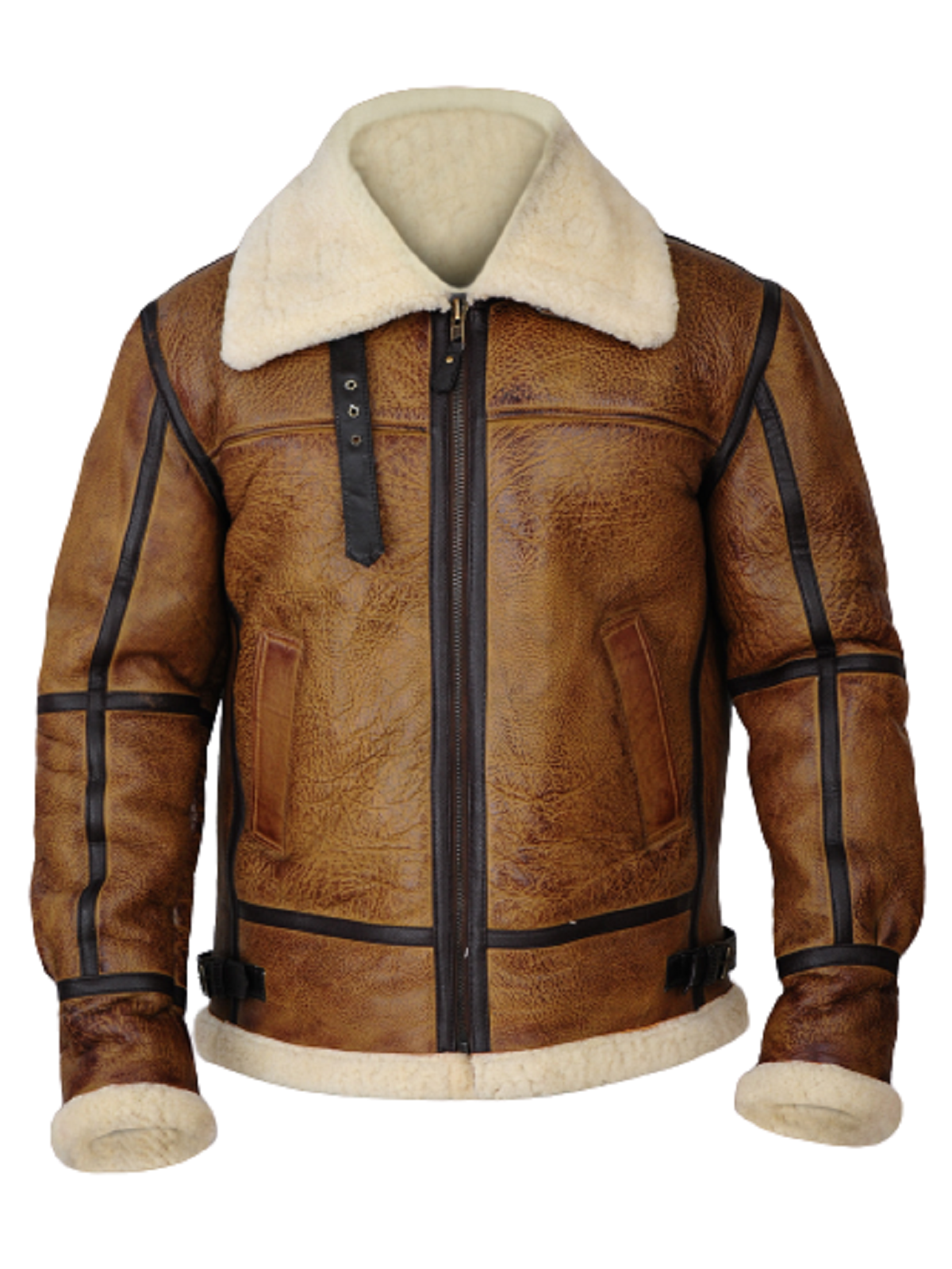 Studio cutout front view of Mens Distressed Tan B3 Shearling Leather Aviator Jacket