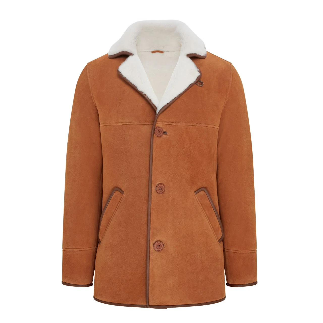 Studio cutout front view of Mens Cognac Brown Suede Off White Shearling Car Coat