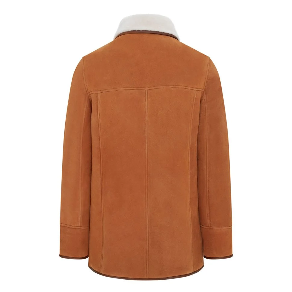 Studio cutout back view of Mens Cognac Brown Suede Off White Shearling Car Coat