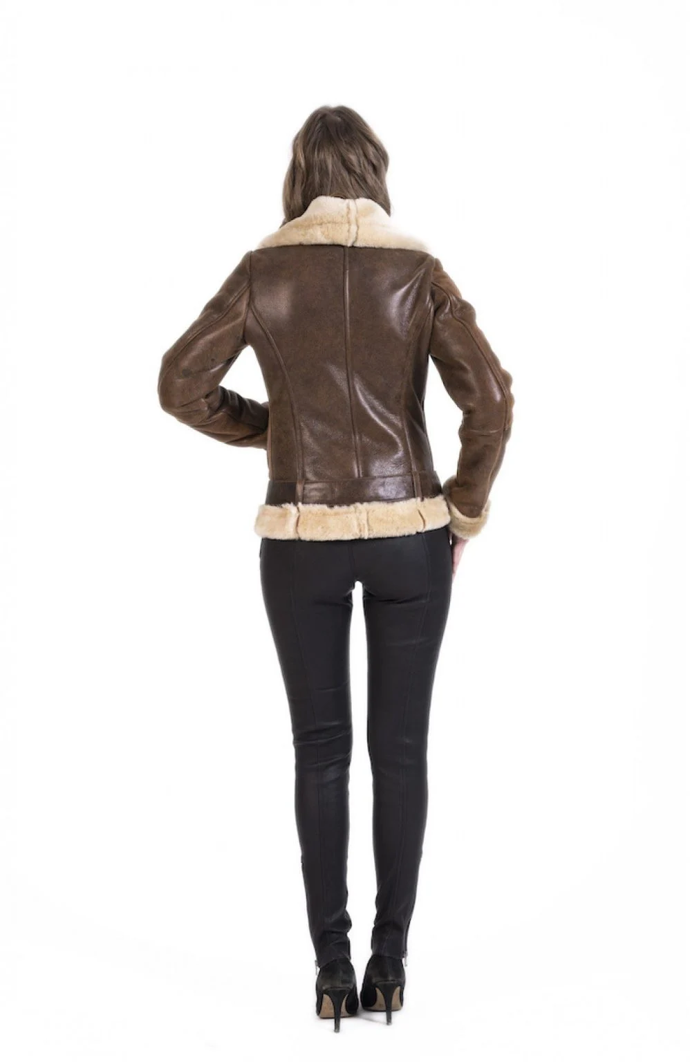 Model back view of Womens Distressed Brown Leather Beige Shearling Belted Aviator Jacket