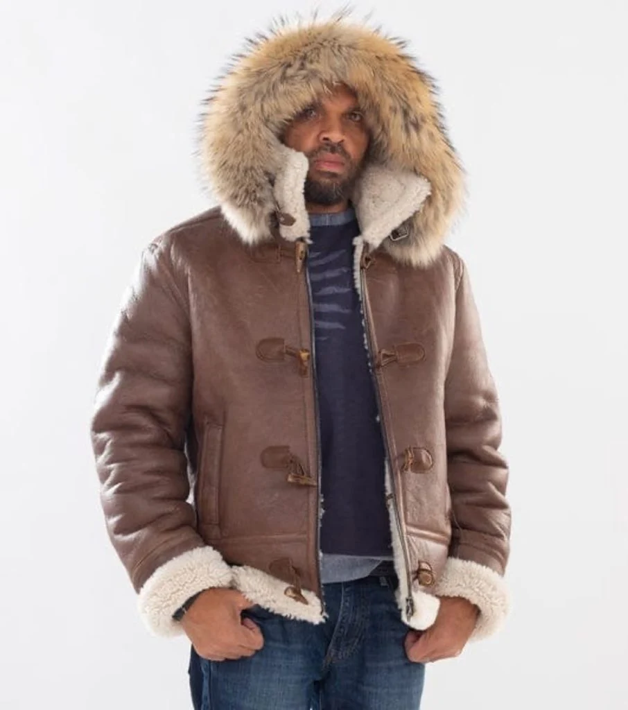 Model wearing Mens Brown Leather Fur Hooded Duffle Shearling Jacket