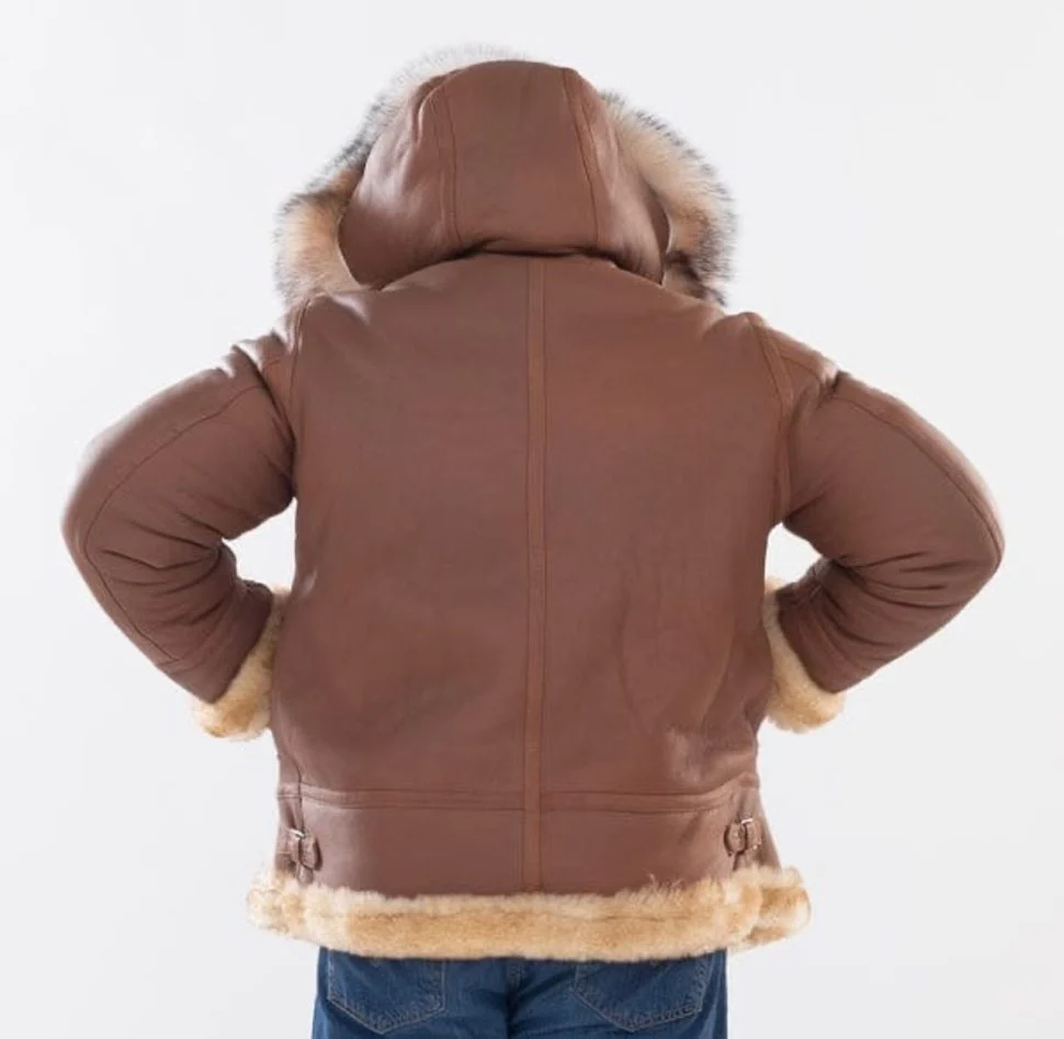 Model back view of Mens Brown Leather Fur Hooded Duffle Shearling Jacket