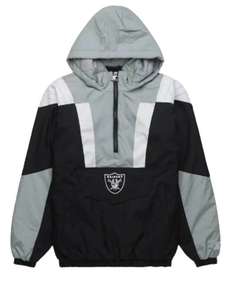 Front view of the grey, black, and white Raiders starter jacket featuring a half-zip closure, attached hood, and front flap pouch pocket with team logo. Raiders Starter Grey and Black Pullover Hooded Jacket