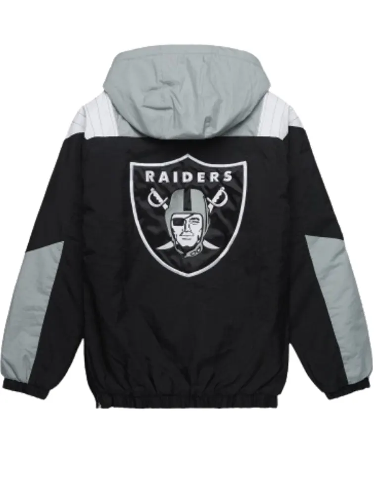 Back view of the Raiders starter jacket featuring a large embroidered Raiders shield logo on the black back panel and grey hood