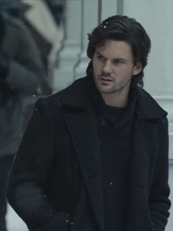 Front view of Jeremy Irvine wearing the dark wool jacket with a classic lapel collar and button placket. Return to Silent Hill James Sunderland Wool Jacket Front View