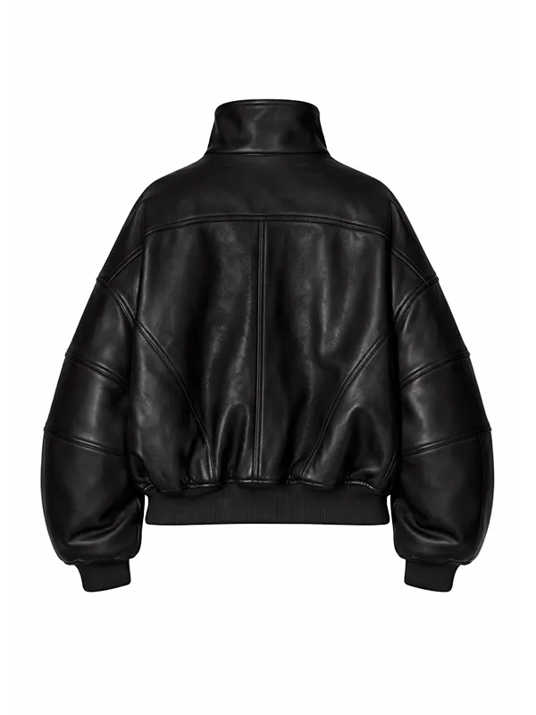 Womens High Neck Leather Bomber Jacket back view showing sleeve paneling and ribbed hem
