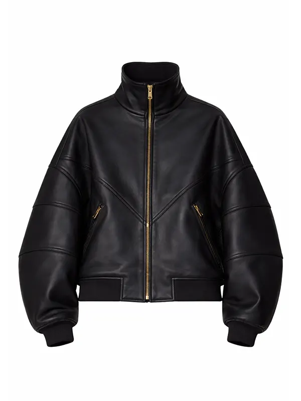 Womens High Neck Leather Bomber Jacket front view showing tall stand collar and brass gold zipper