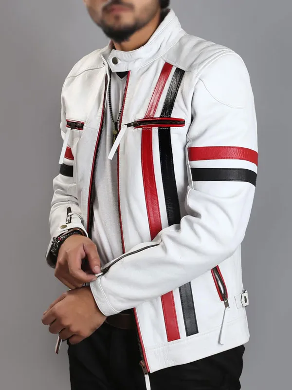 Front view of the white cafe racer leather jacket showcasing striking red and black racing stripes, zippered chest pockets, and zip cuffs. Ruslan Your Heart Will Be Broken White Leather Jacket