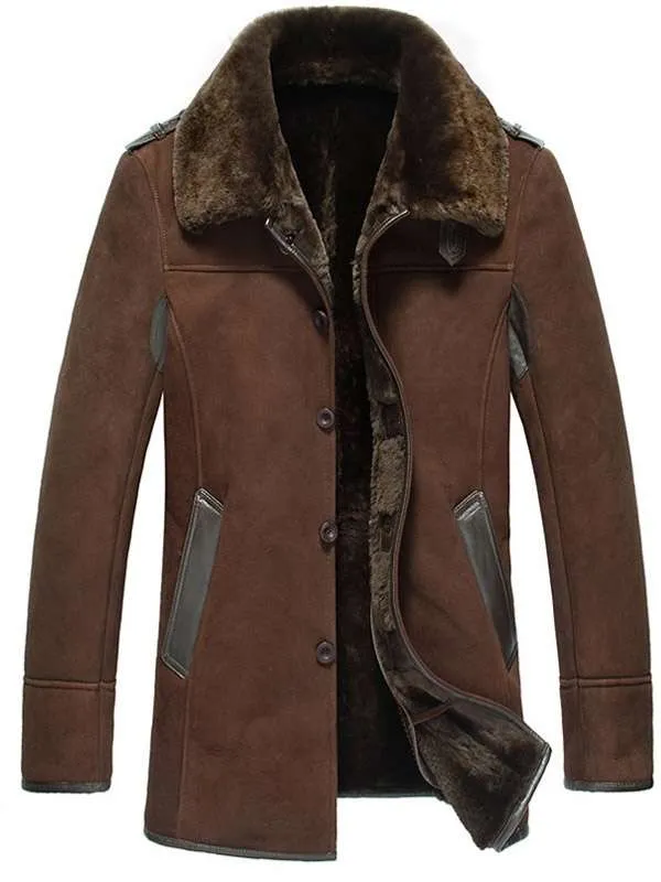 Studio cutout front view of Mens Dark Brown Suede Leather Shearling Mid Length Car Coat