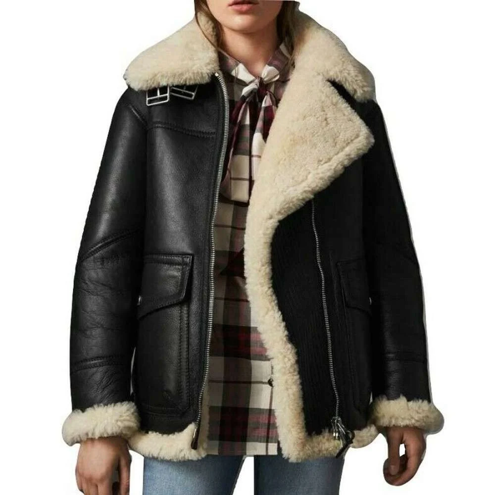 Model wearing Womens Black Leather Cream Shearling Oversized Aviator Jacket